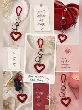 Red Glitter Heart Keychain Charm Wristlet | Sparkly Valentine Bag Charm